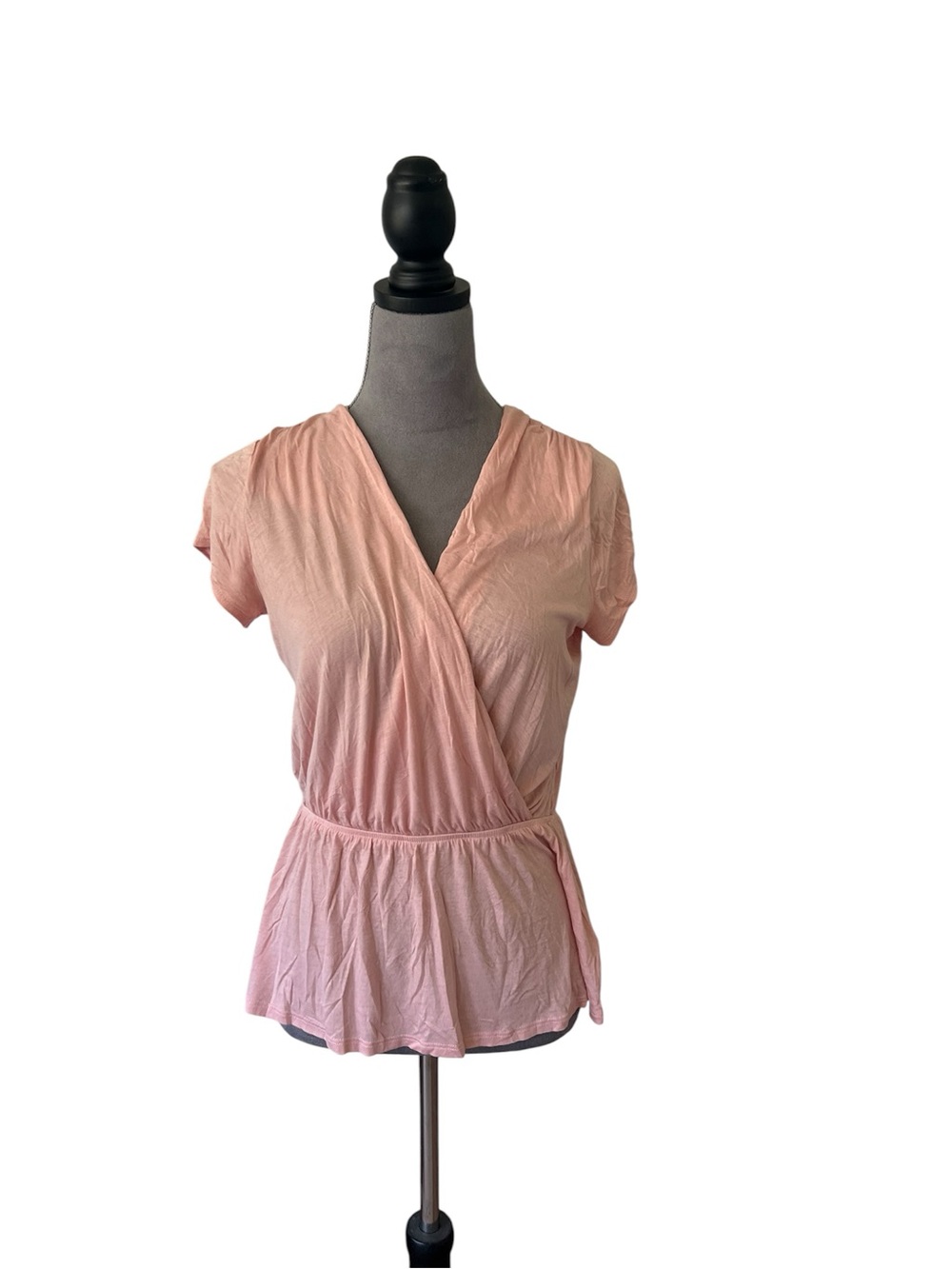 Light Pink Wrap Peplum Short Sleeve Blouse